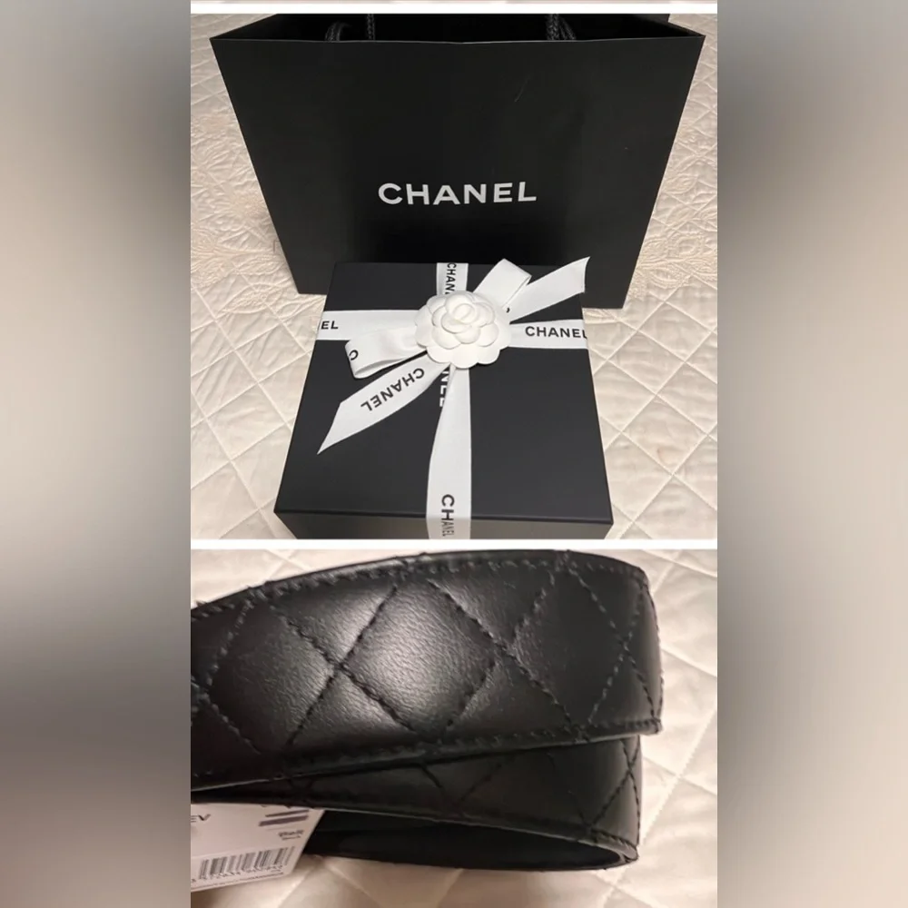 - CHANEL BLACK QUILTED 💥 CC LOGO GOLD BUCKLE BELT NEW size 85